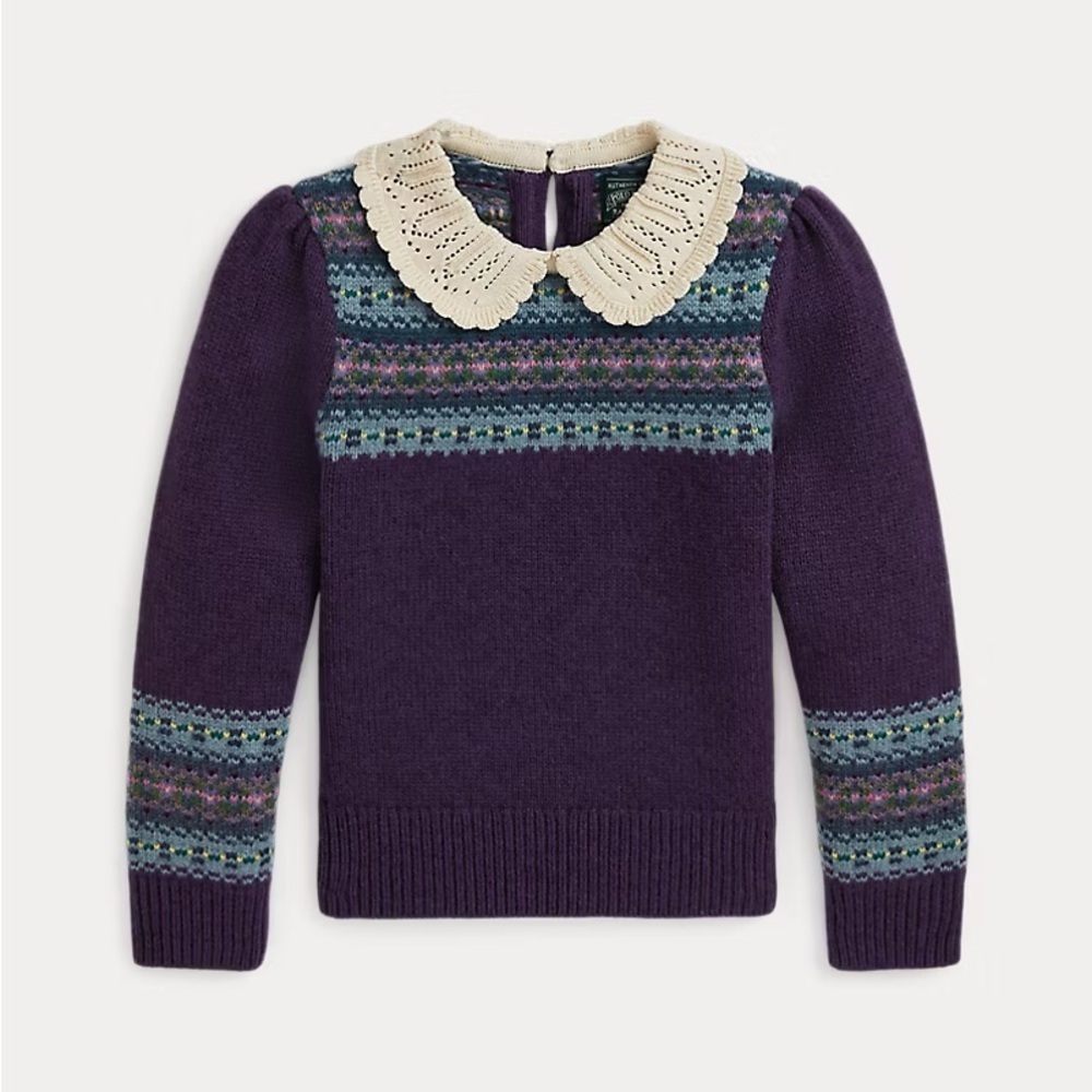 Ralph Lauren Purple Fair Isle Sweater with Cream Lace Collar